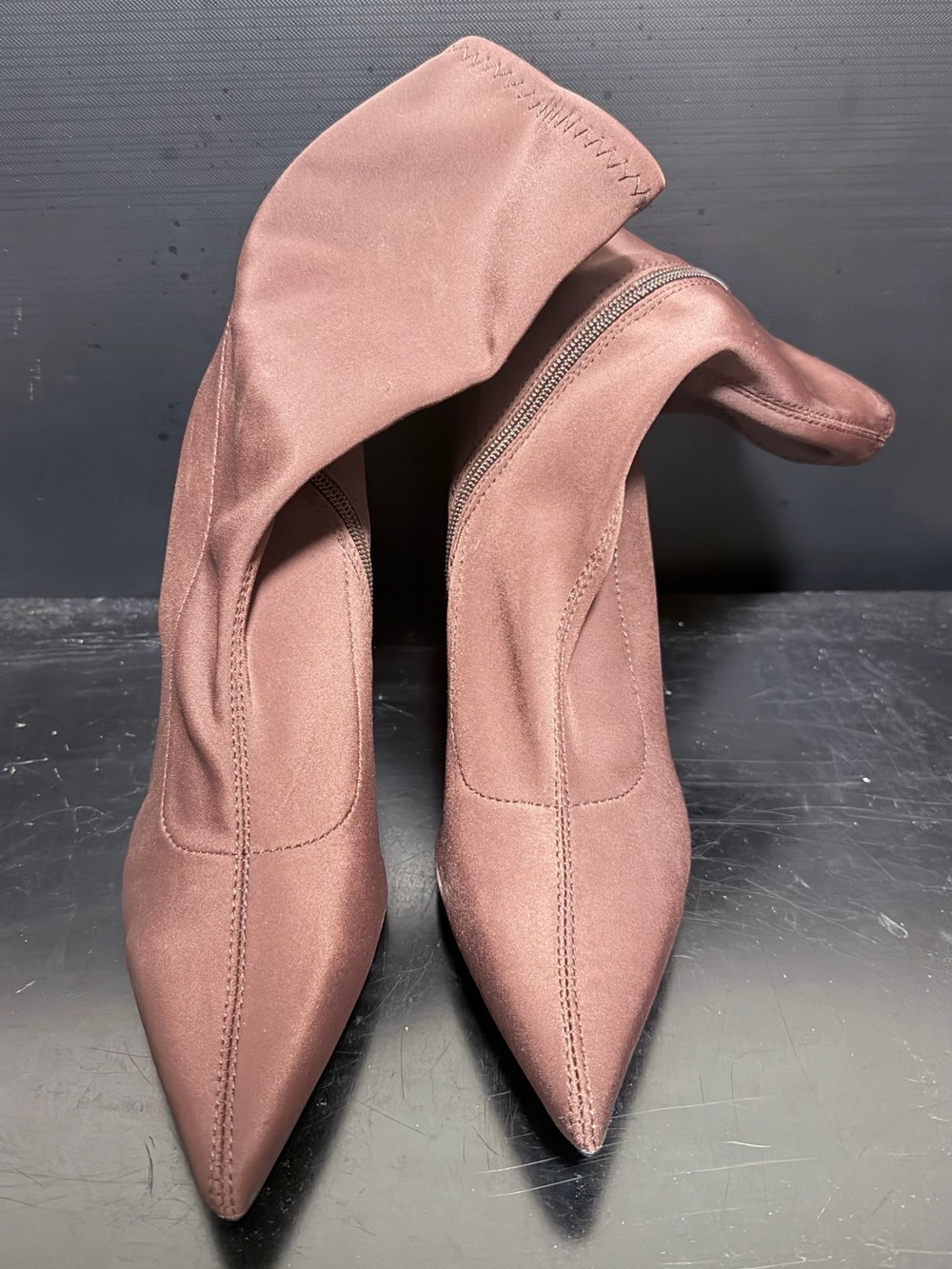 Zara Women’s Brown Satin Sock Ankle Boots Pointed Toe Stiletto